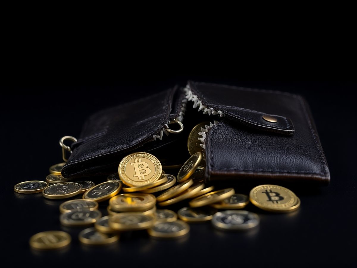 Broken wallet with scattered cryptocurrency coins on dark background.
