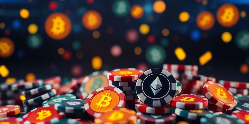 Crypto casino chips and glowing Bitcoin symbol.