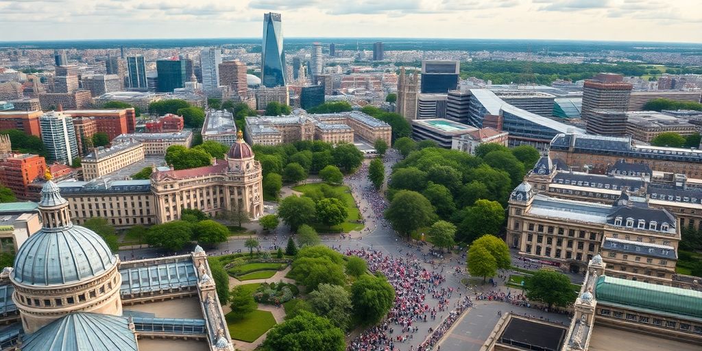Aerial view of bustling cities in England.