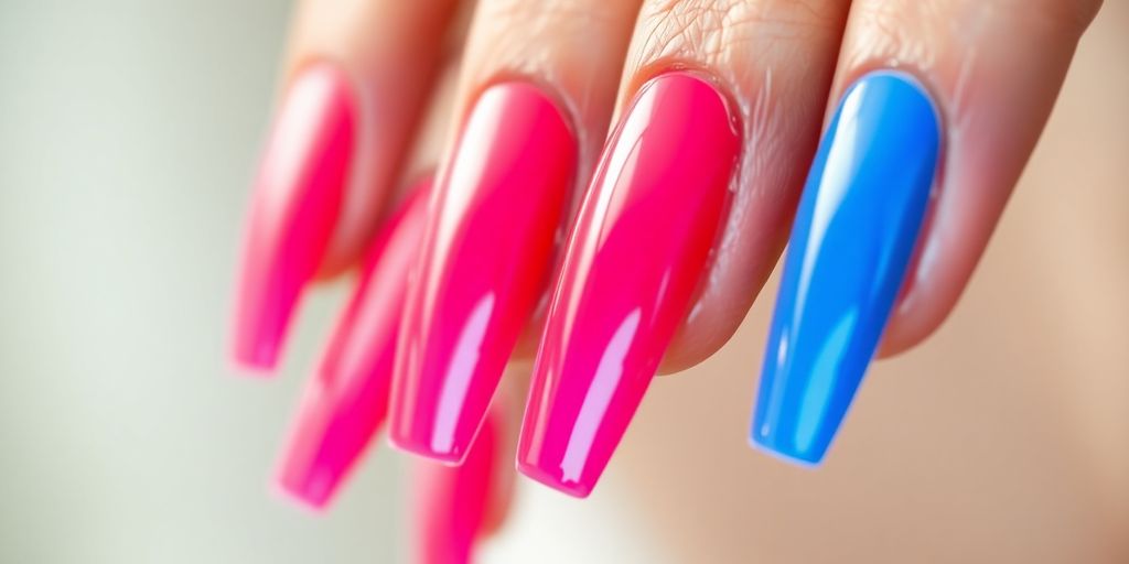 Unhas longas e bem cuidadas, com cores vibrantes.