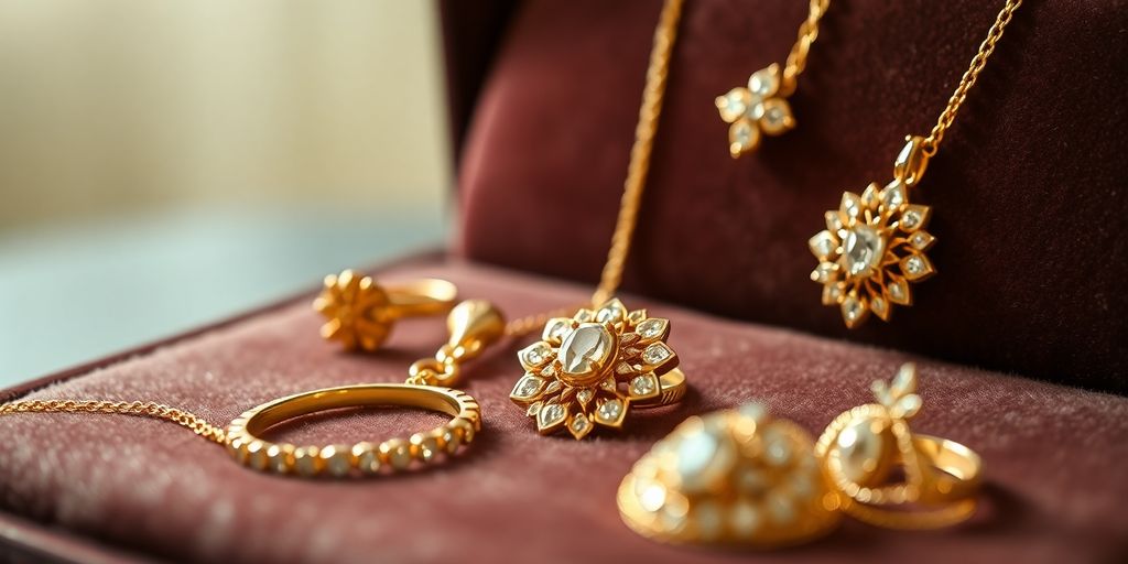 Bijoux en or brillants sur une surface en velours.
