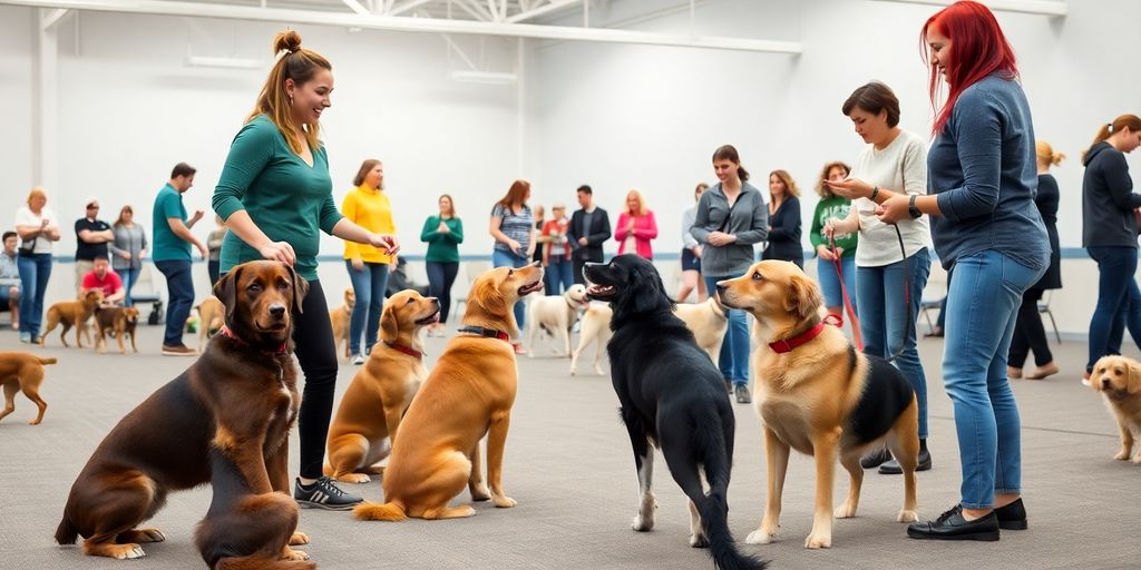 Dog training class with trainers and pets in action.