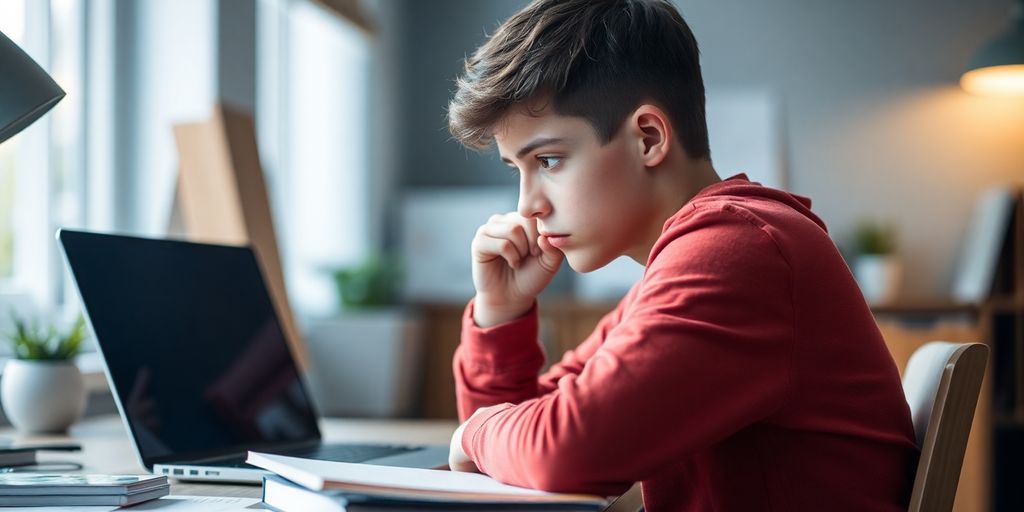 Teenage boy looking thoughtful with a blurred background.