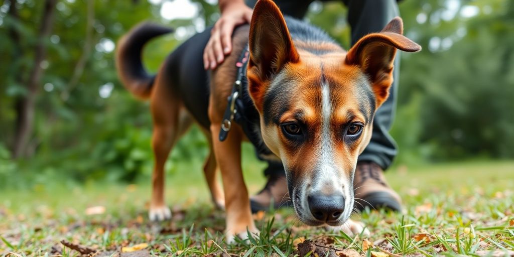 Dog tracking scent with handler in a natural setting.