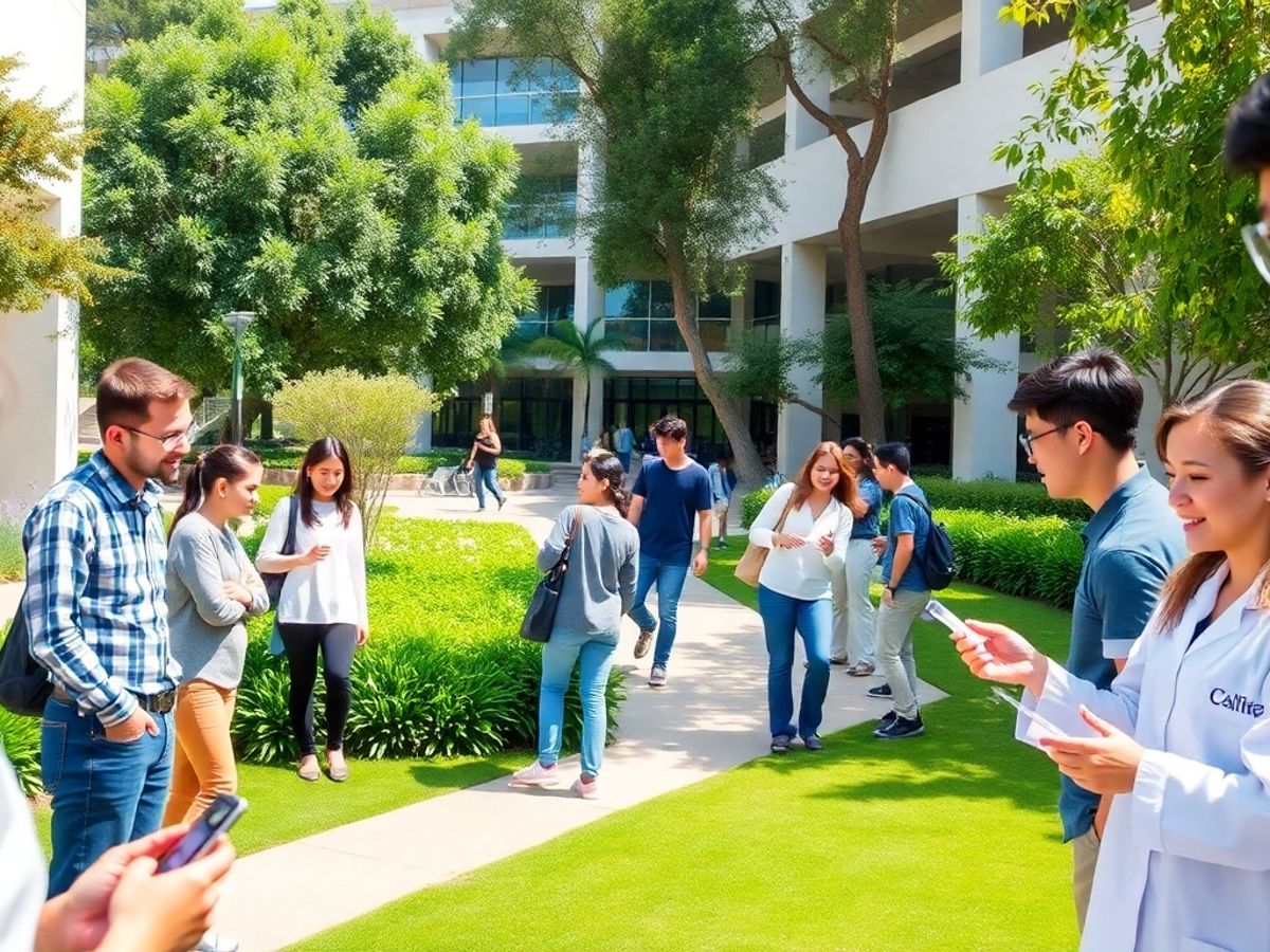 Caltech campus with students engaging in scientific research.