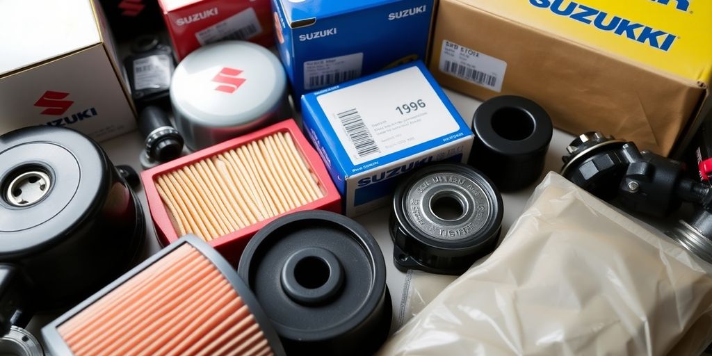 Suzuki car parts arranged neatly.