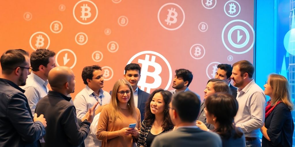 People discussing cryptocurrency in a modern setting.
