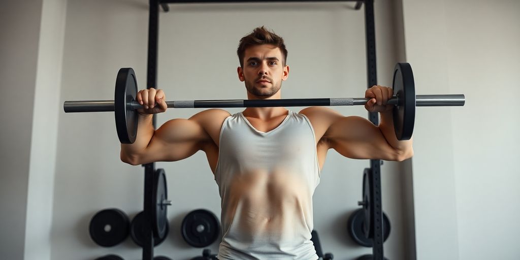 Man performing military press with barbell.