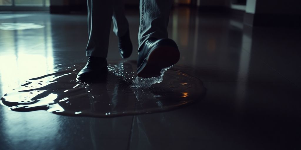 Person slipping on a wet floor inside a building.
