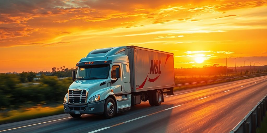 Delivery truck on highway at sunset