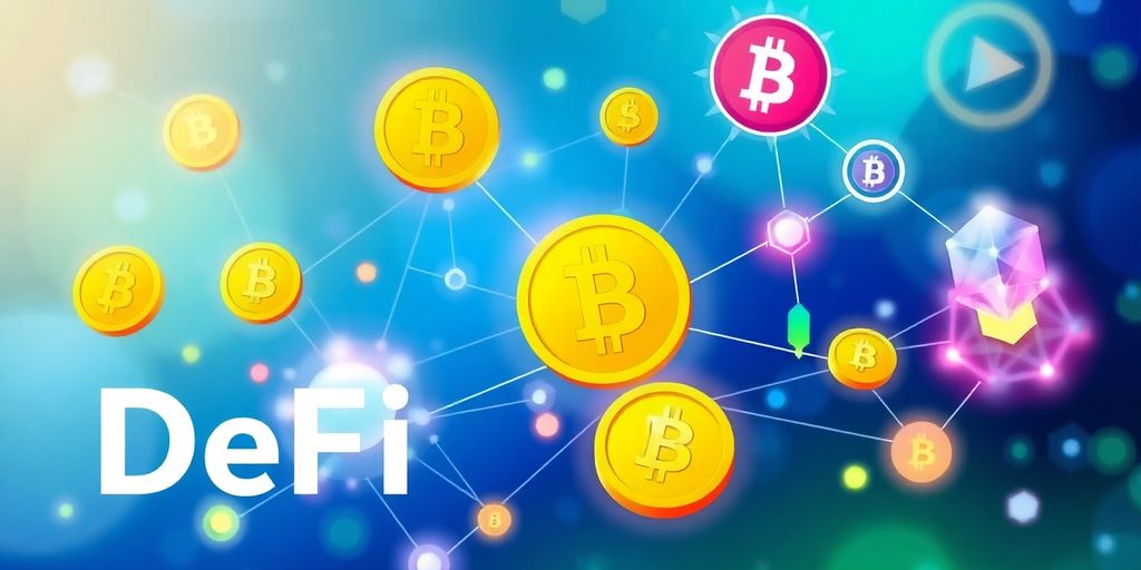 Illustrative image of digital currencies and blockchain nodes.