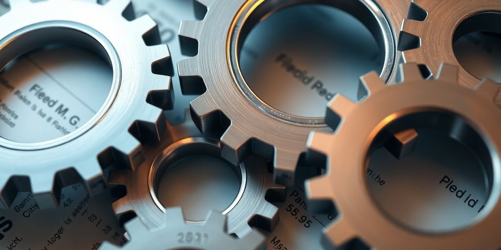 Digital gears meshing with financial documents.