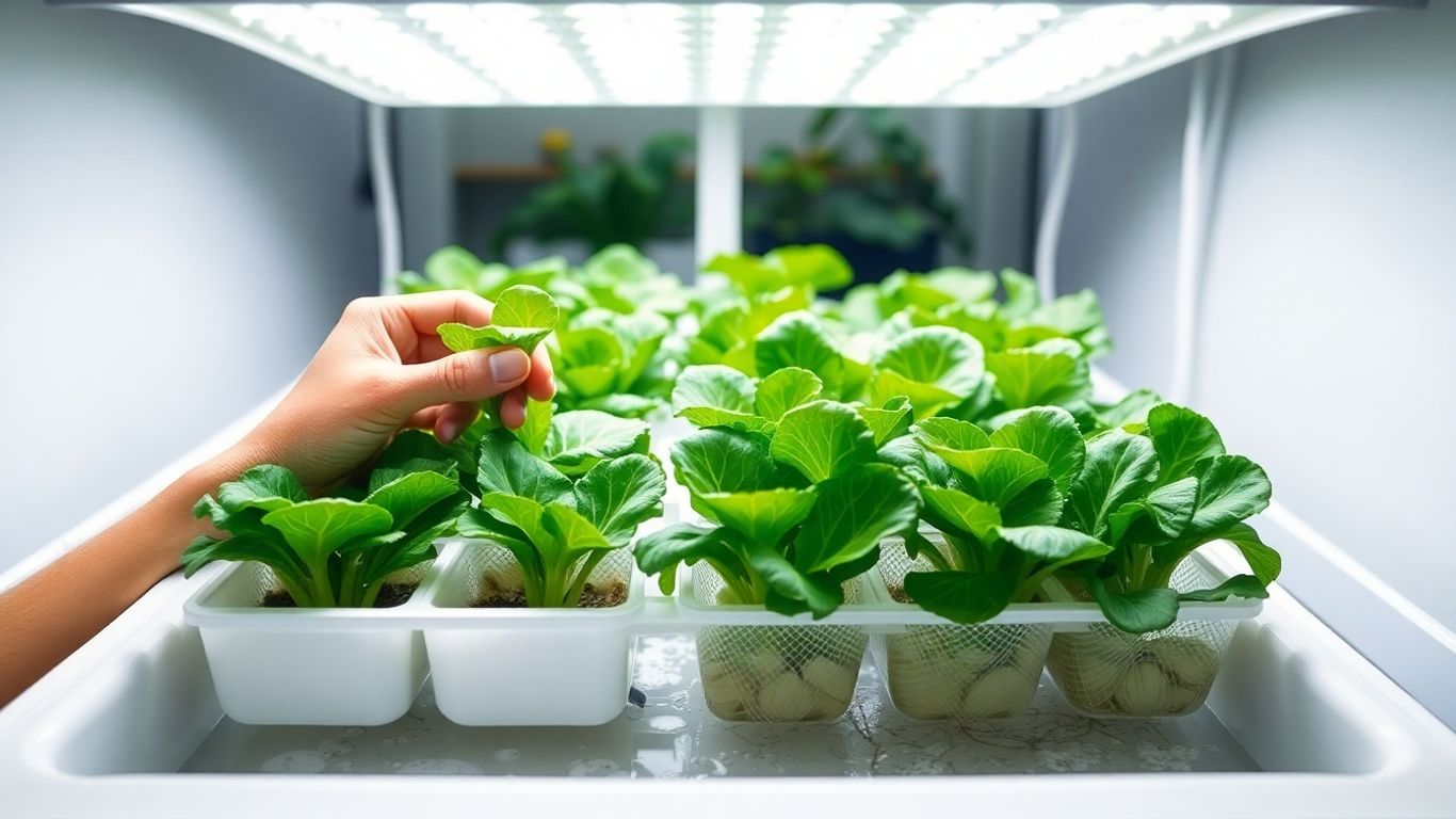 Hands transplant lettuce seedlings into hydroponic net pots under LEDs.