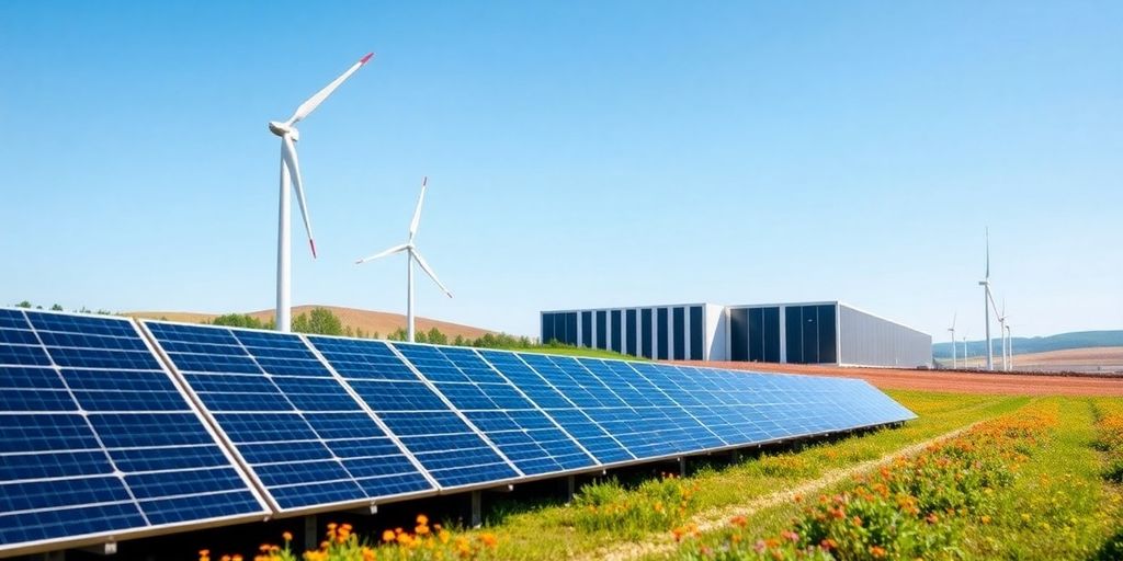 Wind farm and solar panels near a data center.