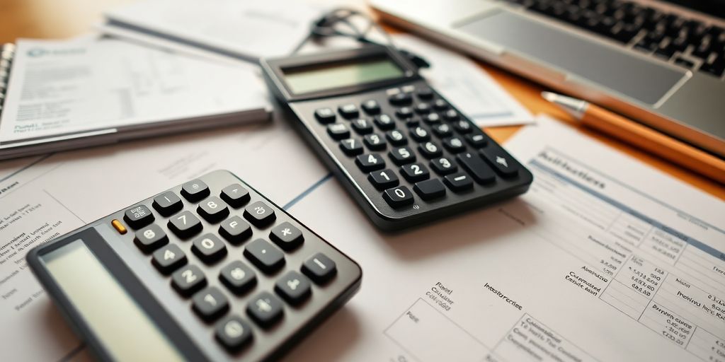 Calculator, invoices, and notes on a workspace table.