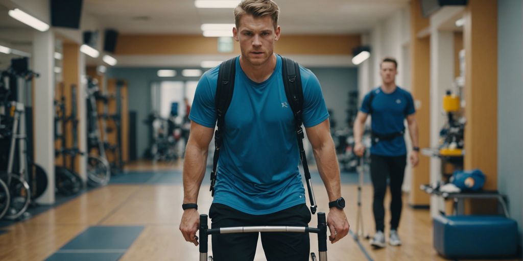 Athlete in recovery using crutches, surrounded by essential orthopedic equipment like braces and wheelchairs.