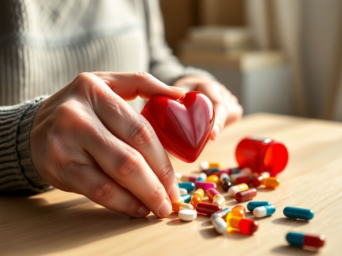 Mână de senior ținând flacon roșu cu capsule cardiovasculare colorate