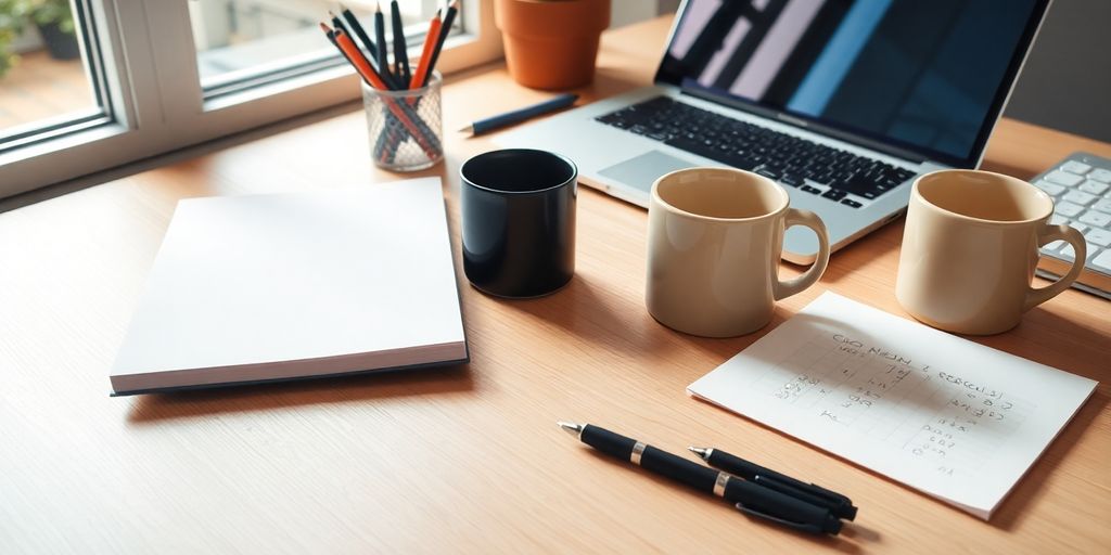 A cozy writing workspace with a laptop and coffee.