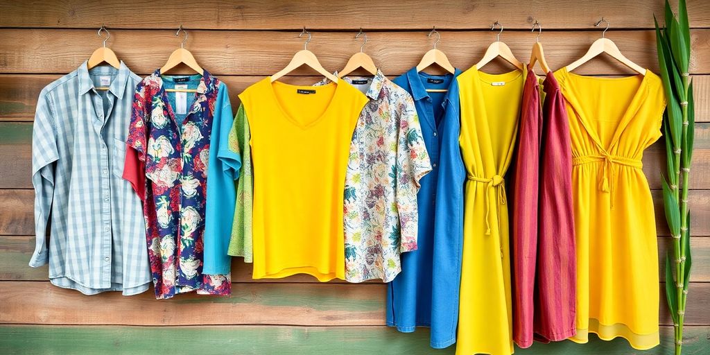 Colorful fair trade clothing on a rustic wooden table.