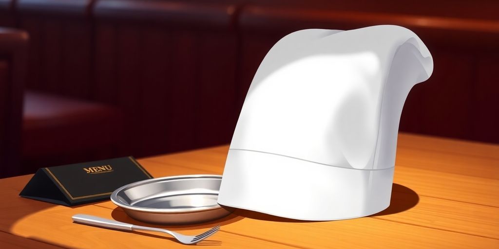 A chef's hat, serving tray, and menu.