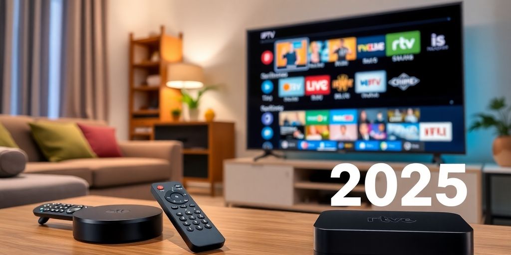 Collage of IPTV devices and a TV in living room-IPTV Channel List Canada- Complete Guide to What You Get in 2025