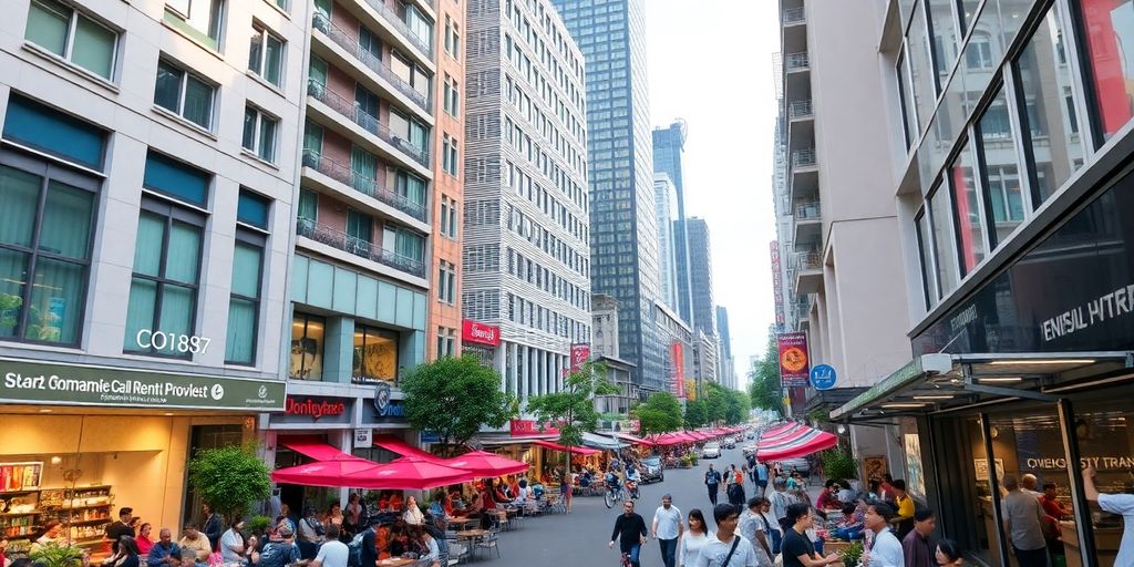 Busy Bangkok street with modern commercial buildings and cafes.