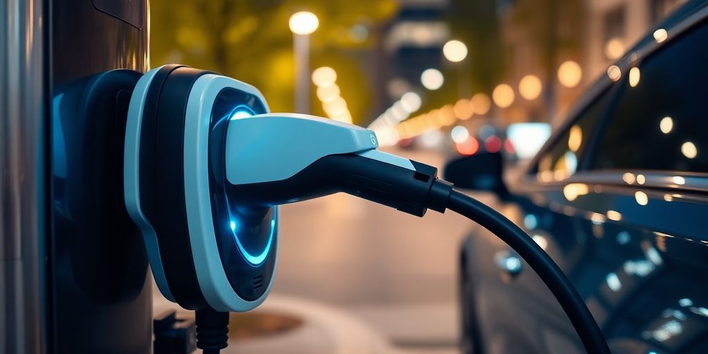 Electric vehicle charging point with car in urban setting.