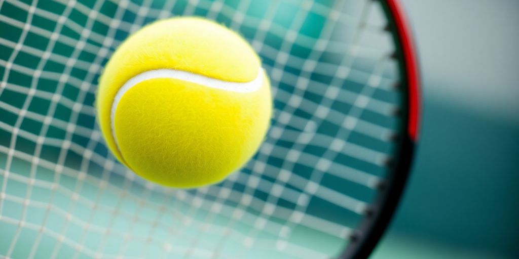 Tennis ball and racket in dynamic action shot.
