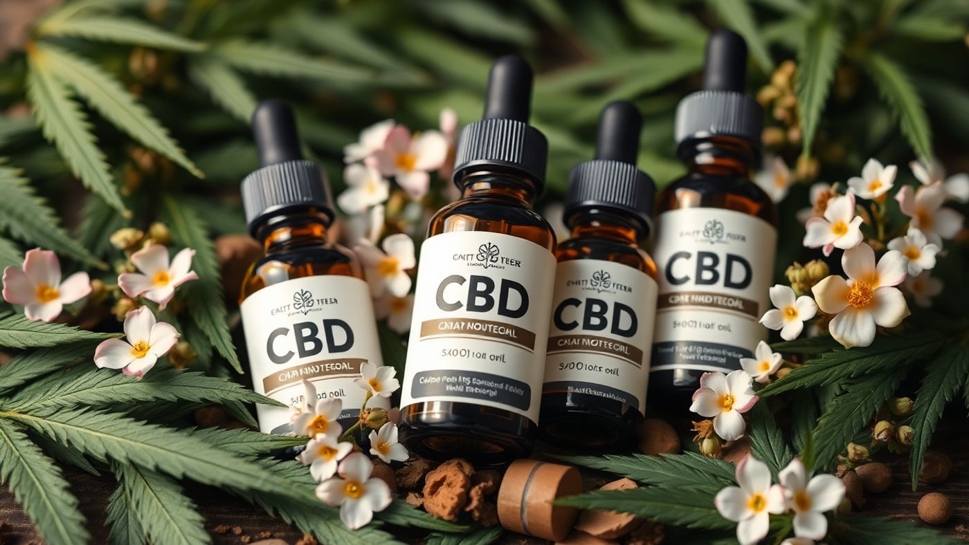 CBD oil bottles with hemp leaves and flowers.