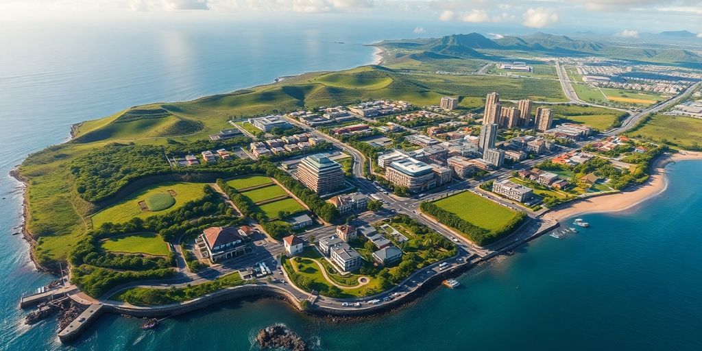 Aerial view of Maui's smart city developments and green spaces.