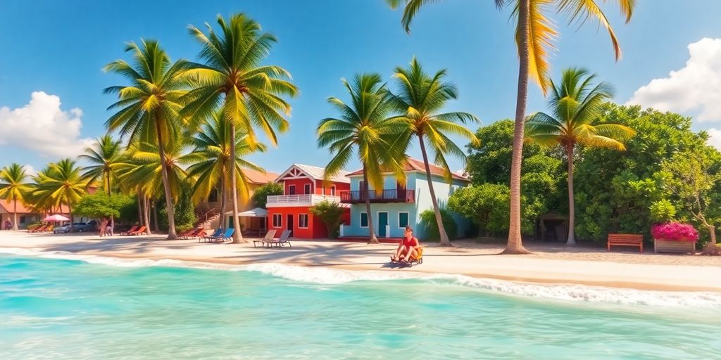 Tropical beach with palm trees and colorful buildings.