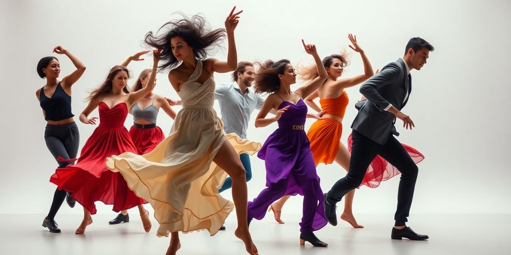 Dynamiska dansare i rörelse på en färgglad bakgrund.