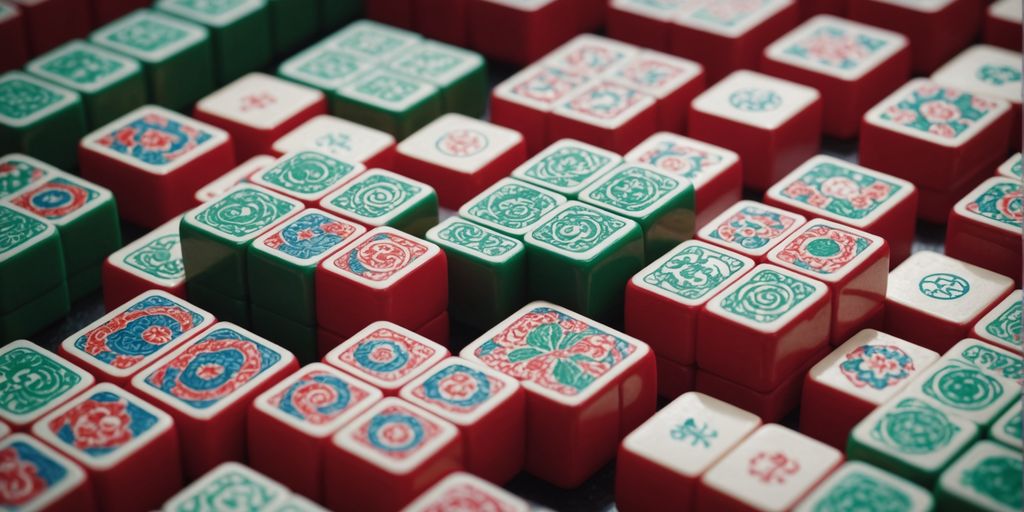 Large Mahjong tiles with vibrant designs in a complex layout.