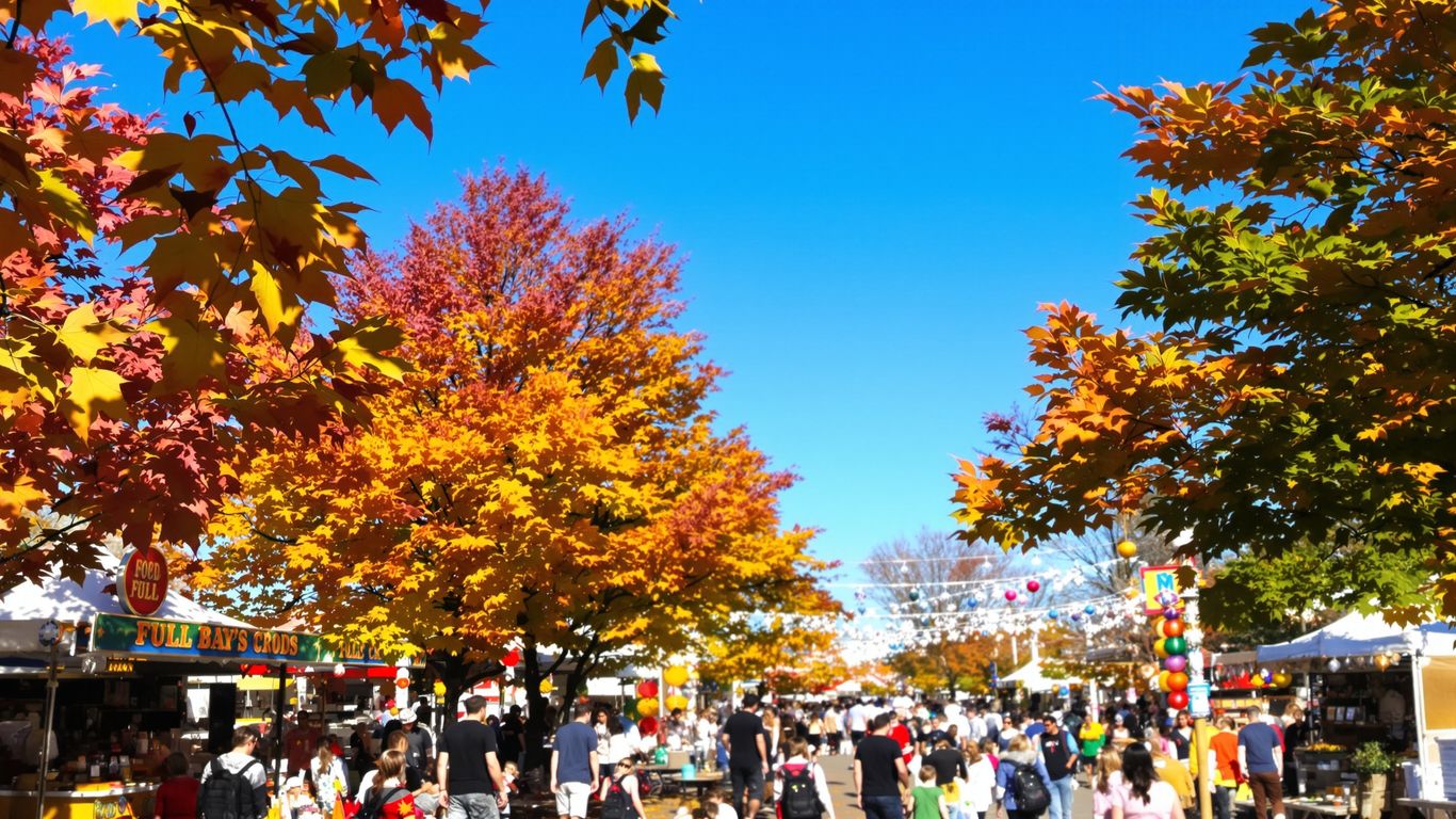 Oklahoma fall festival with colorful leaves and happy people.
