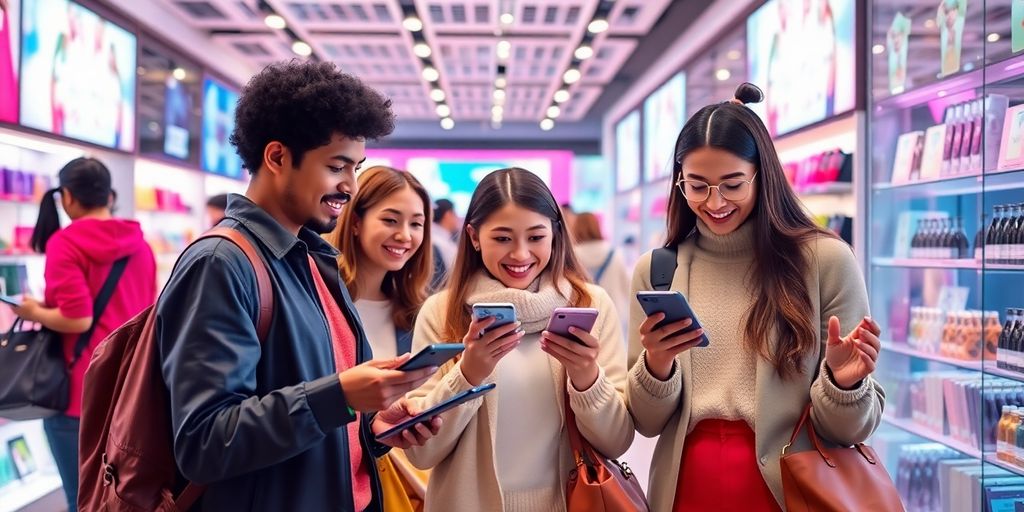 Diverse shoppers using smart devices in a retail setting.