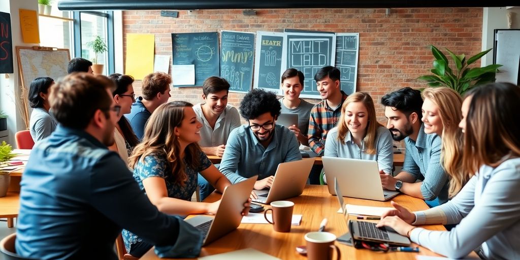 Diverse team working together in a creative workspace.