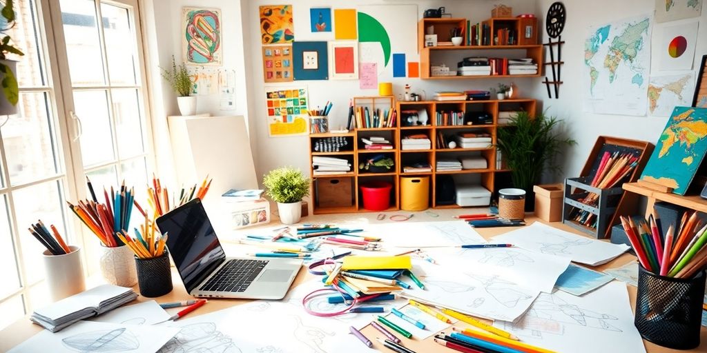 A colorful workspace filled with art supplies and sketches.