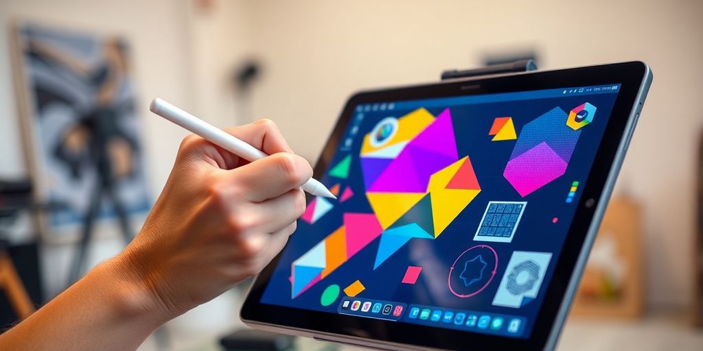 Colorful geometric shapes, digital art tools, creative design elements.