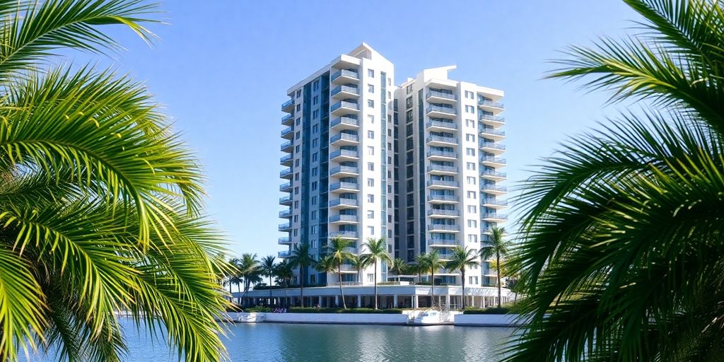 Modern high-rise condo with palm trees, water.