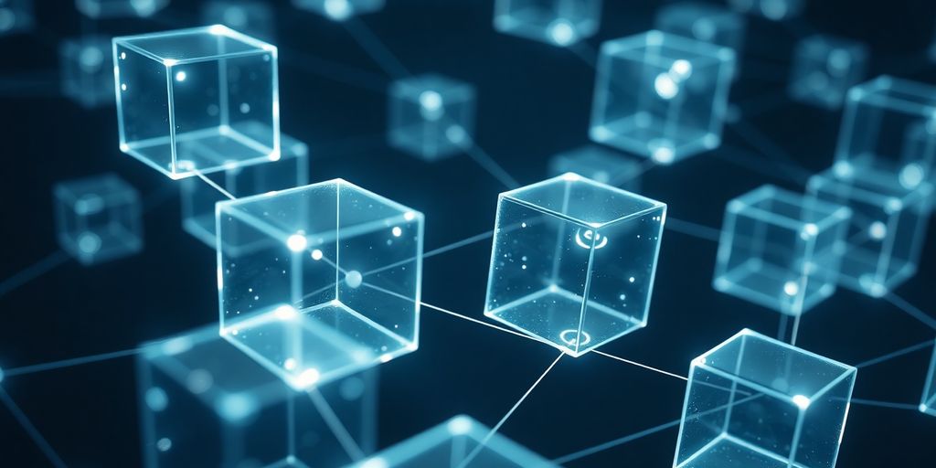 Glowing digital blockchain cubes floating in dark space.