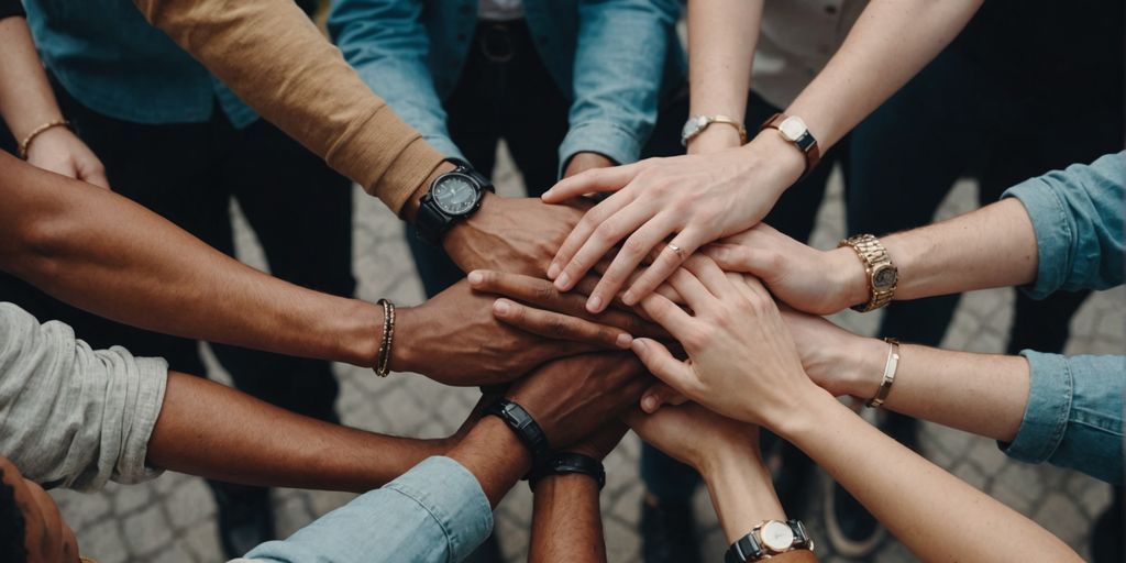 Diverse group holding hands, symbolizing unity in relationships.
