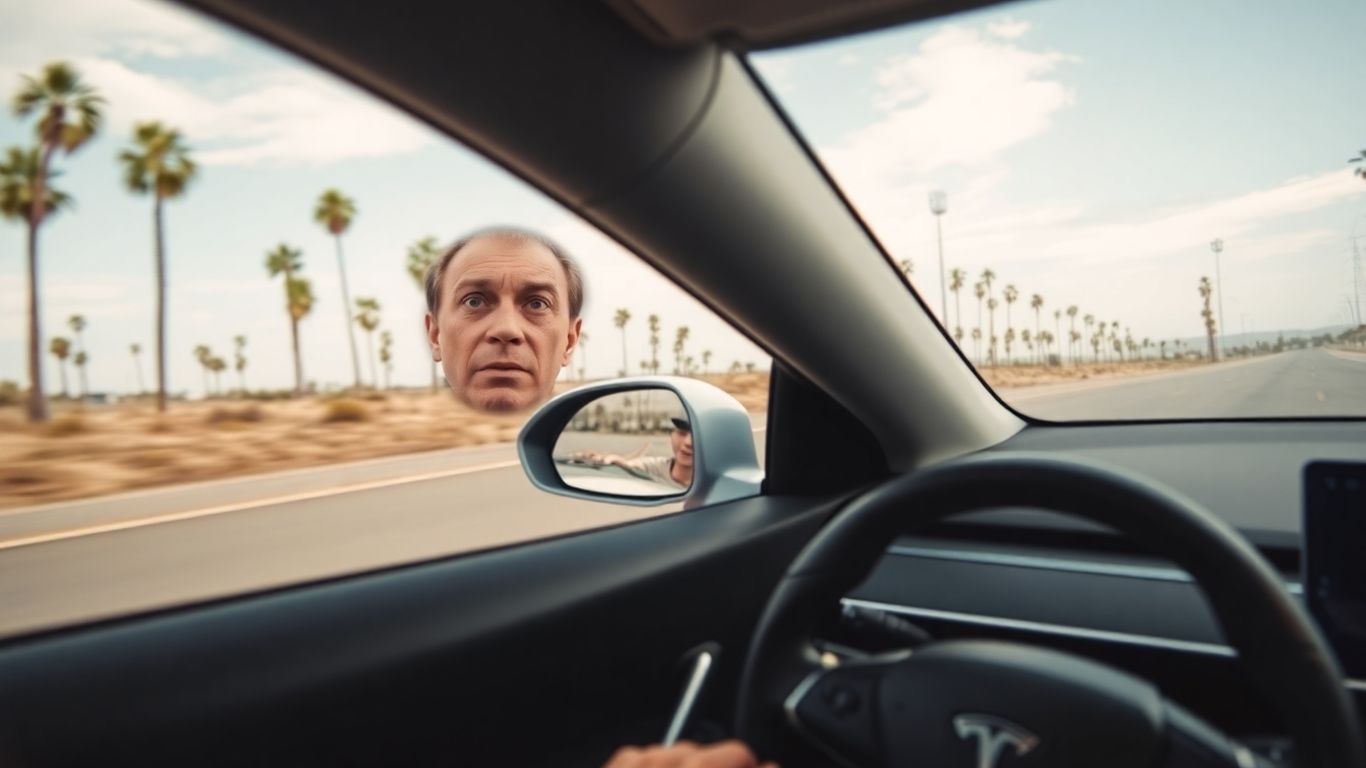 Tesla car on California road with driver in mirror