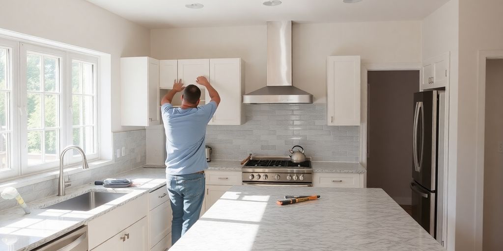 Skilled craftsman installing a kitchen countertop.