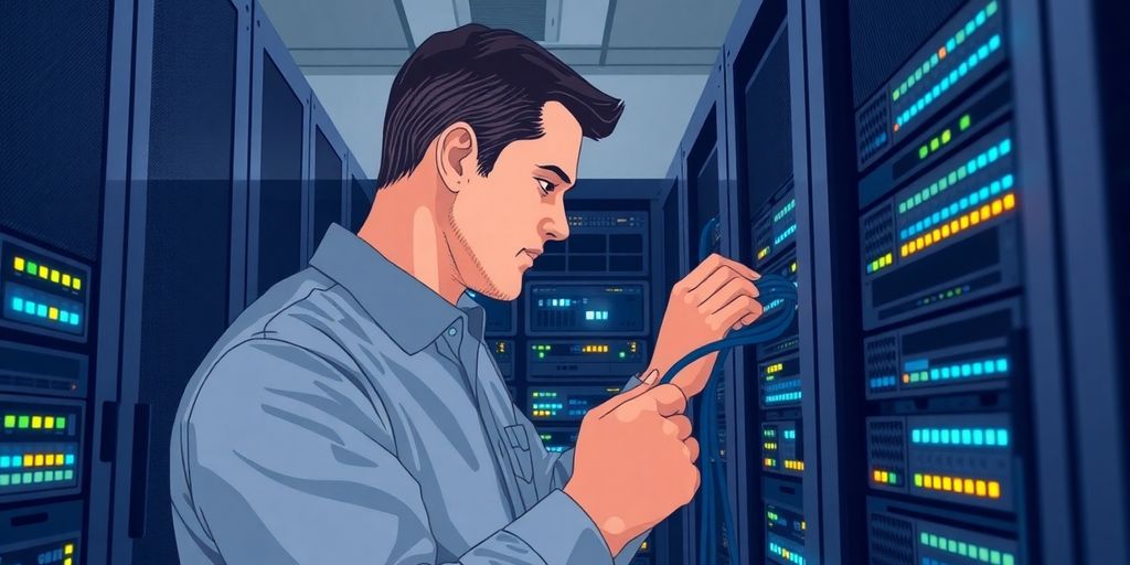 Man installing network cables in server rack.