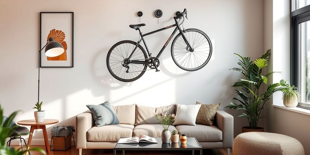 Vertical bike mount in a stylish living room setting.