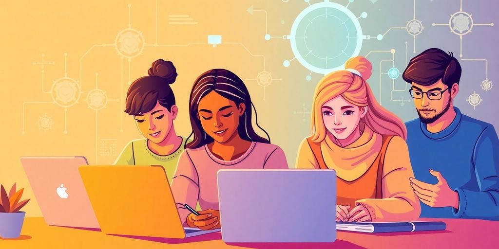 Diverse students collaborating on machine learning projects online.