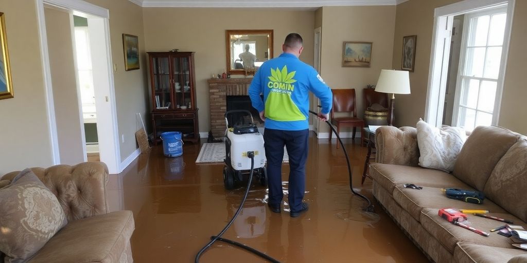 Water damage restoration specialist working in a flooded home.