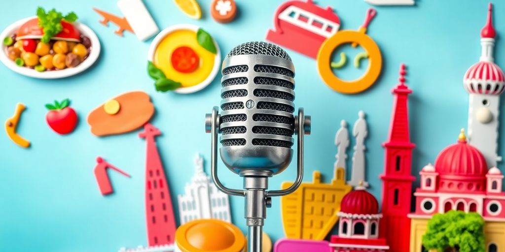 Podcast microphone surrounded by food and travel icons.