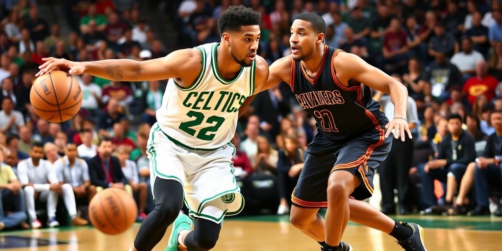 Celtics and Cavaliers players engaged in an intense basketball game.