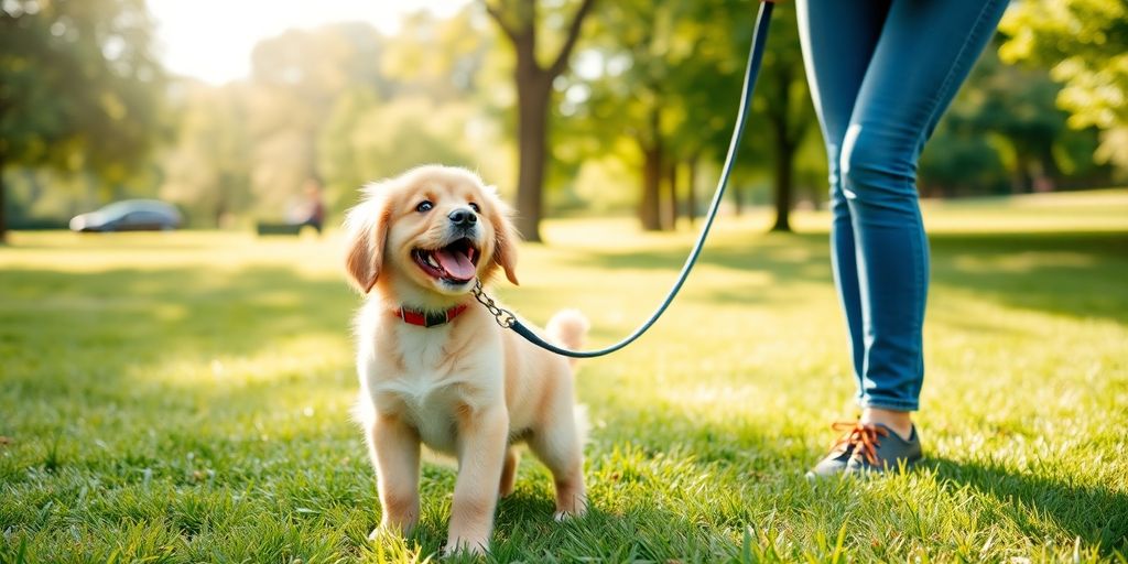 Puppy training with owner in a sunny park.